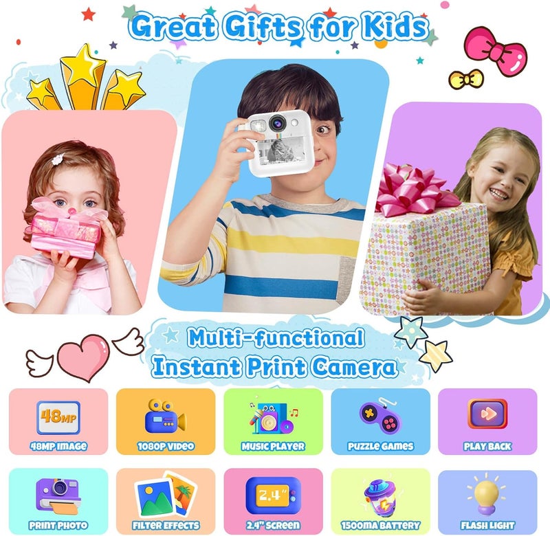Dafotil Instant Print Camera for Kids, 3-12 Year Old Girls Boys Gifts, 1080P Video Children Digital Camera with 32GB Card, Kids Christmas Birthday Gifts Toddler Photo Camera Toys for Age 3 4 5 6 7 8 9 White - Image 2